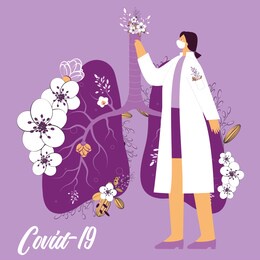 healthy lungs with flowers. doctors, nurses, and other healthcare professionals work towards a cure. people being responsible, wearing masks. medical experts 