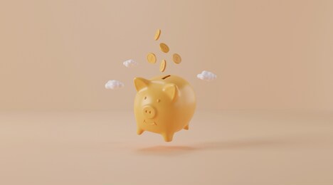pink piggy bank with coins on yellow background. 3d rendering