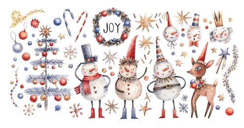 watercolor hand painted christama set of cute characters and holiday elements . illustration isolated on white background. design for logo, textile, print, holiday decor, christmas decoration