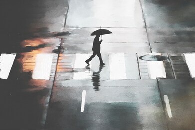 illustration of man crossing road under rain