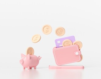 3d rendering saving money concept. money transfer to piggy bank. wallet, coins, credit card and piggy bank on white background