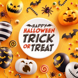 halloween background with cute halloween pumpkin,bat,spider and candy on yellow background. website spooky,background or banner halloween template.vector illustration.