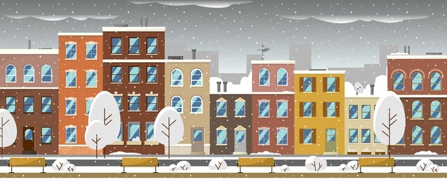 facades of city buildings in winter. american street with residential high-rise buildings, a park with benches. city panorama concept. flat style vector cartoon illustration.