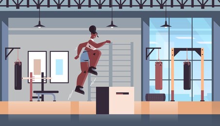 african american girl doing jumping squats on squat box working out fitness training healthy lifestyle concept modern gym studio interior full length horizontal vector illustration