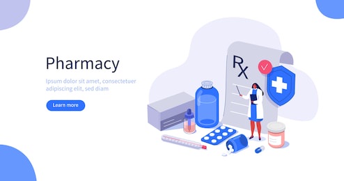 doctor pharmacist in drugstore points on medical prescription. medicine pills, capsules and bottles lying near. health care and pharmacy concept.  flat isometric vector illustration.