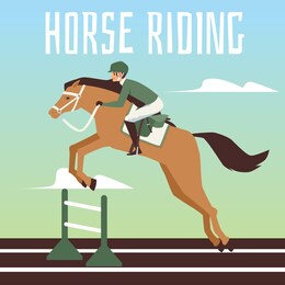 equestrian sports or competitions. a horse with a jockey rider jumps over the barrier. traditional english horse racing. vector flat illustration