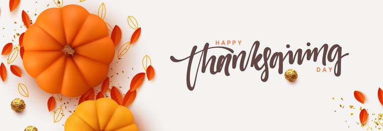 thanksgiving day banner. festive background with realistic 3d orange pumpkins, fall foliage. horizontal holiday poster, header for website. flat top view. vector illustration