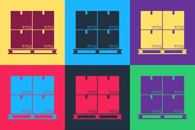 pop art cardboard boxes on pallet icon isolated on color background. closed carton delivery packaging box with fragile signs. vector.