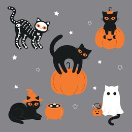 black cats in spooky outfits. witch cat, ghost cat, skeleton cat, cat in pumpkin. design for halloween and mexican holiday day of the dead.