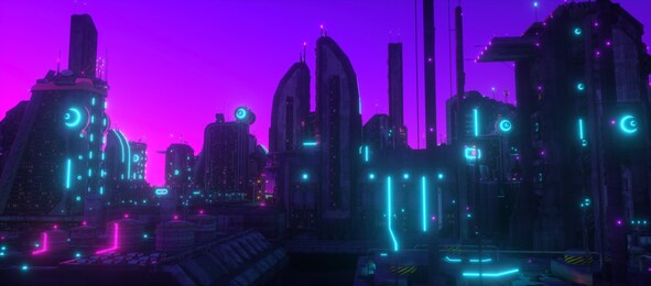 neon futuristic city. urban future. purple neon night in a city of a future with blue neon lights. futuristic skyscrapers with bright glowing. cyberpunk scene. 3d illustration.