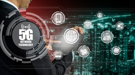 advanced communication and global internet network connection in smart city . concept of future 5g wireless digital connecting and social media networking .