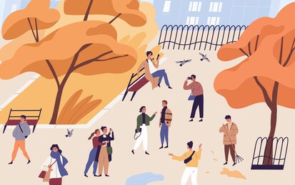 walking people spend time in autumn city park. modern characters stroll and rest outdoors. seasonal recreational activity at public place. flat vector cartoon illustration