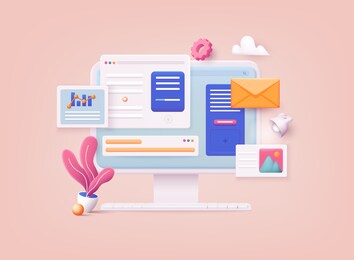 3d web vector illustrations. computer with open pages. landing page template for web.