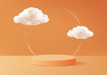 halloween minimal scene with cloud geometric platform. background vector 3d rendering with podium. stand to show cosmetic products. stage showcase on pedestal modern 3d studio orange background