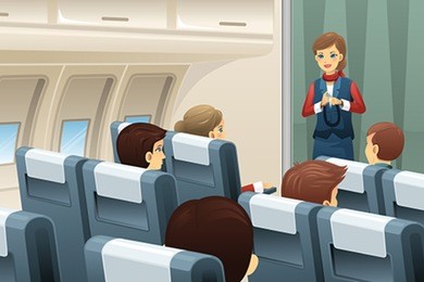 a vector illustration of flight attendant demonstrate how to fasten the seat belt to passengers