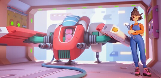 casual mechanic brunette girl in glasses, blue overalls, orange t-shirt with crossed arms, holds wrench in one hand. colorful 3d render of cartoon sci-fi garage with red white spaceship, city view.