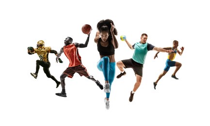 collage of different professional sportsmen, fit men and women in action and motion isolated on white background. made of 5 models. concept of sport, achievements, competition, championship.