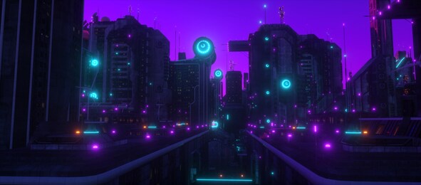 purple neon night in a industrial zone of a cyberpunk city. futuristic cityscape. city of a future with bright neon lights. grunge urban wallpaper. 3d illustration.