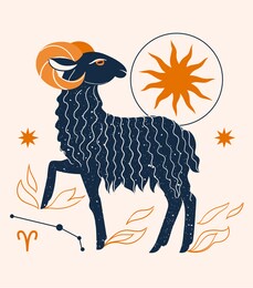 modern abstract art print with aries, sun, fire, stars, constellation. horoscope symbol. magic zodiac esoteric concept. boho style. isolated elements. 