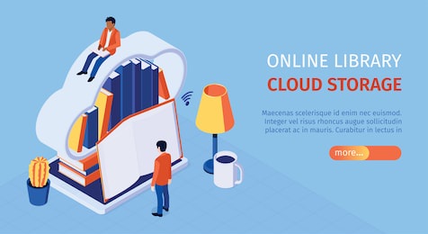 online library landing page isometric horizontal web banner with user reading on cloud virtual bookshelf storage vector illustration 
