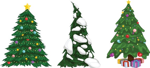 realistic colorful christmas new year winter tree with decorations, presents and snow template set. bright holiday cartoon vector illustration for games, background, pattern, decor. print for fabrics