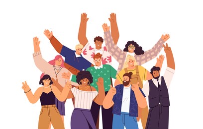 group of happy people standing together, waving and inviting new customer, colleague. concept of happy multiethnic team welcome newcomer. flat vector cartoon illustration isolated on white