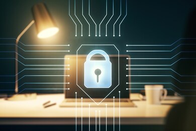 double exposure of creative lock hologram with chip on laptop background. information security concept