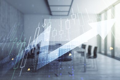 abstract creative financial diagram and upward arrow hologram on a modern boardroom background, growth and development concept