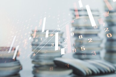 double exposure of abstract creative financial chart hologram on growing stacks of coins background, research and strategy concept
