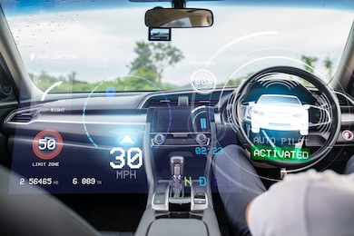 hud head up display and digital instruments panel autonomous car auto pilot self driving user interface navigation driving utility screen smart technology, businessman sleeping resting cruise mode