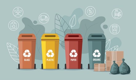 waste sorting. trash containers. organic, e-waste, plastic, paper, glass and metal trash containers. recycling garbage. vector illustration