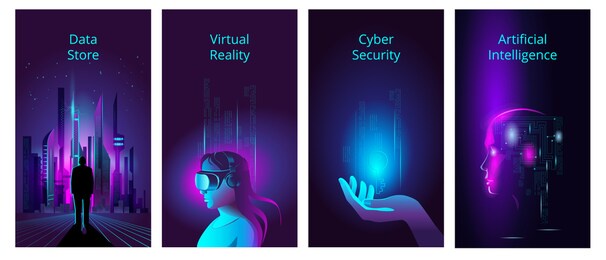 a set of vertical banners in neon colors on the theme of modern computer technologies. the concepts of vector illustrations in the style of cyberpunk.
