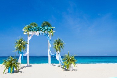 wedding arch decorated with flowers on tropical sand beach, outdoor beach wedding setup
