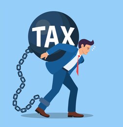 business man taxes carry on shoulder and worry. high taxes burden, financial load concept. illustration in flat style.