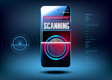 smartphone with fingerprint scanner on futuristic cyber background. digital data access control by fingerprint identification. safe access. cyber technologies of the future