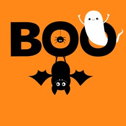 flying ghost spirit. hanging bat. boo text with spider. happy halloween. cute cartoon white scary spooky character set. smiling face, hands, wings. orange background. greeting card. flat design vector