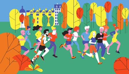 running diverse group of young and elderly men and women in the autumn park. autumn marathon race group. jogging people. flat color trends vector illustration.