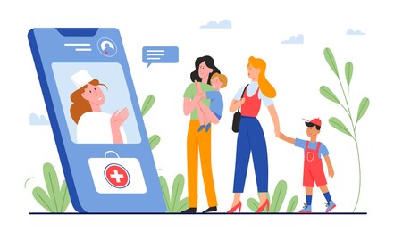 online doctor medical consultation illustration. cartoon flat family patient people, mother with child consulting doctor on smartphone screen, telemedicine application concept isolated on white