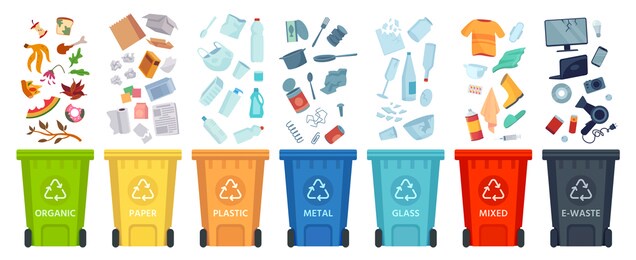 waste segregation. sorting garbage by material and type in colored trash cans. separating and recycling garbage vector infographic. garbage and trash, ecology rubbish recycling illustration