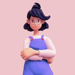 portrait of smiling brunette girl in glasses wearing blue apron, white t-shirt with crossed arms. small business owner. casual young stylized woman. minimal art style. 3d render on pink background.