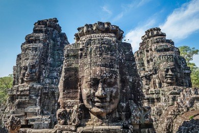 ancient stone faces of bayon temple, angkor, cambodia