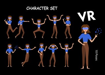 vector illustration of woman in virtual reality headset with move controler.vr helmet.cartoon realistic people set.flat young man.