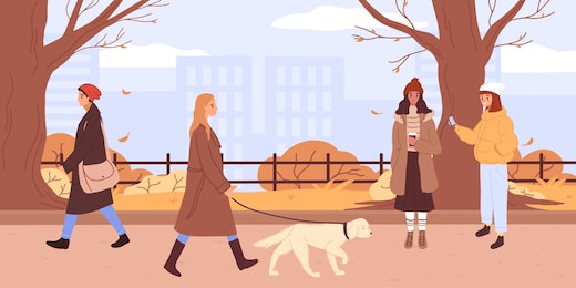 people in warm clothes, outdoor activity in the autumn park. public garden in fall season with yellow grass, leaves and trees. autumn fair poster, flyer or banner. man, woman relax, walking with dog.