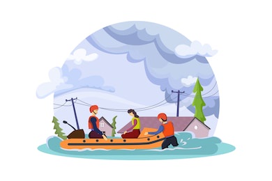 natural disaster concept. evacuate flood victims by inflatable boat.