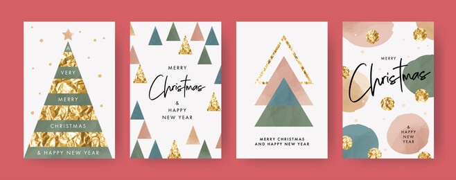 merry christmas and happy new year set greeting cards, posters, holiday covers. design templates with trendy typography, foil pressed triangle firs, dots and watercolor textured geometric elements.