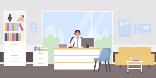 doctor appointment flat illustration. cartoon physician woman character sitting at doctoral medical workplace in modern hospital clinic office interior, doctor waiting for patients background
