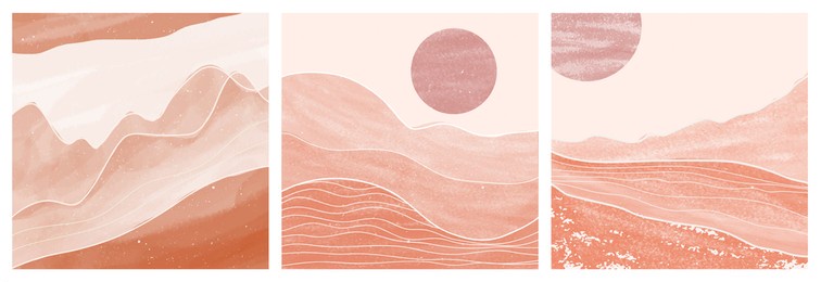 mid century modern minimalist art print. abstract contemporary aesthetic backgrounds landscapes set with sun, moon, sea, mountains. vector illustrations
