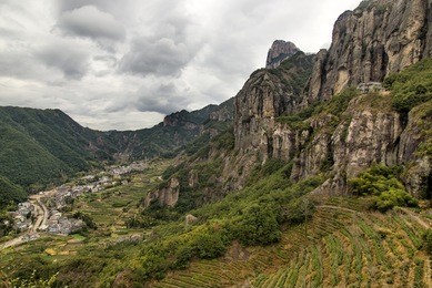 in china, wenzhou, "yandang mountain", at the foot of the mountain villages and islands. (yandang mountain is china's famous geological park, formed in 120 million years ago)