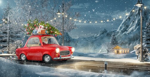 santa claus in cute little retro car with decorated christmas tree on top goes by wonderful countryside road. unusual christmas 3d illustration