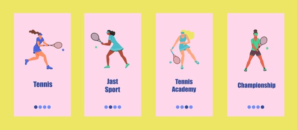 tennis mobile app template. young people play tennis. concept of a tennis school, competition, or championship. flat vector illustration.